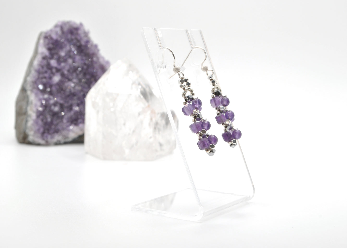 Handcrafted Amethyst and Star-Cut Hematite Dangle Earrings