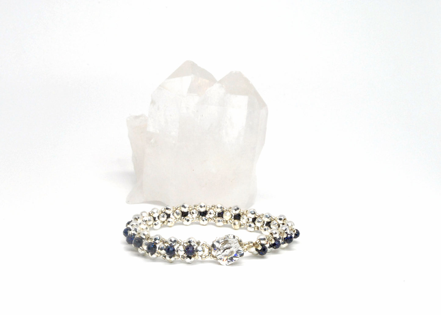blue goldstone and silver hematite gemstone bracelet
