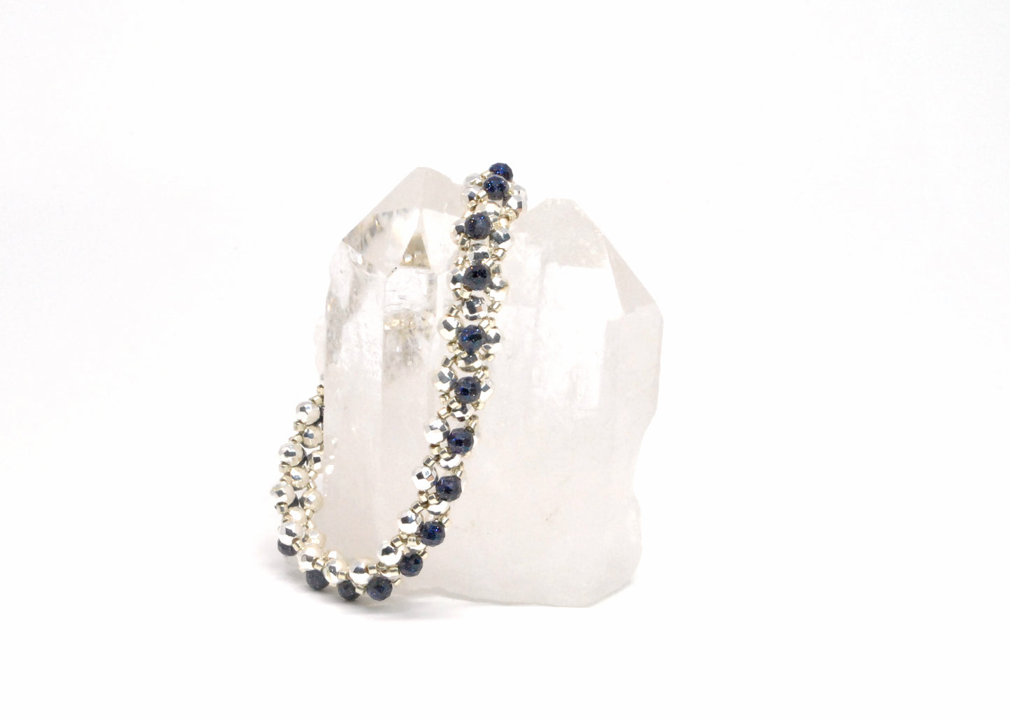 blue goldstone and silver hematite gemstone bracelet