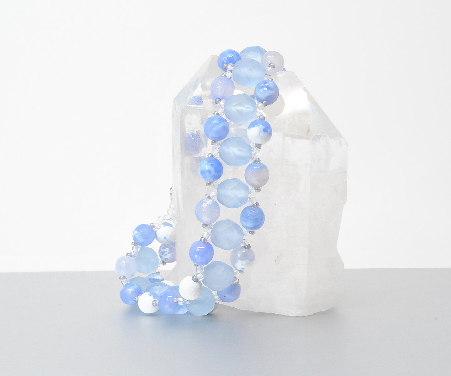 Baby Blue and White Agate and Vintage Glass Beaded Bracelet