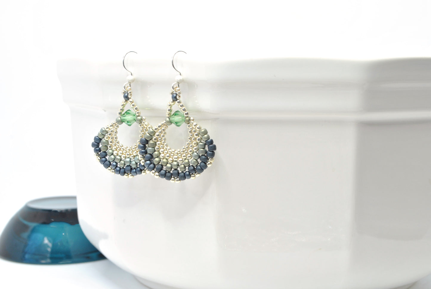 blue green beaded fan earrings