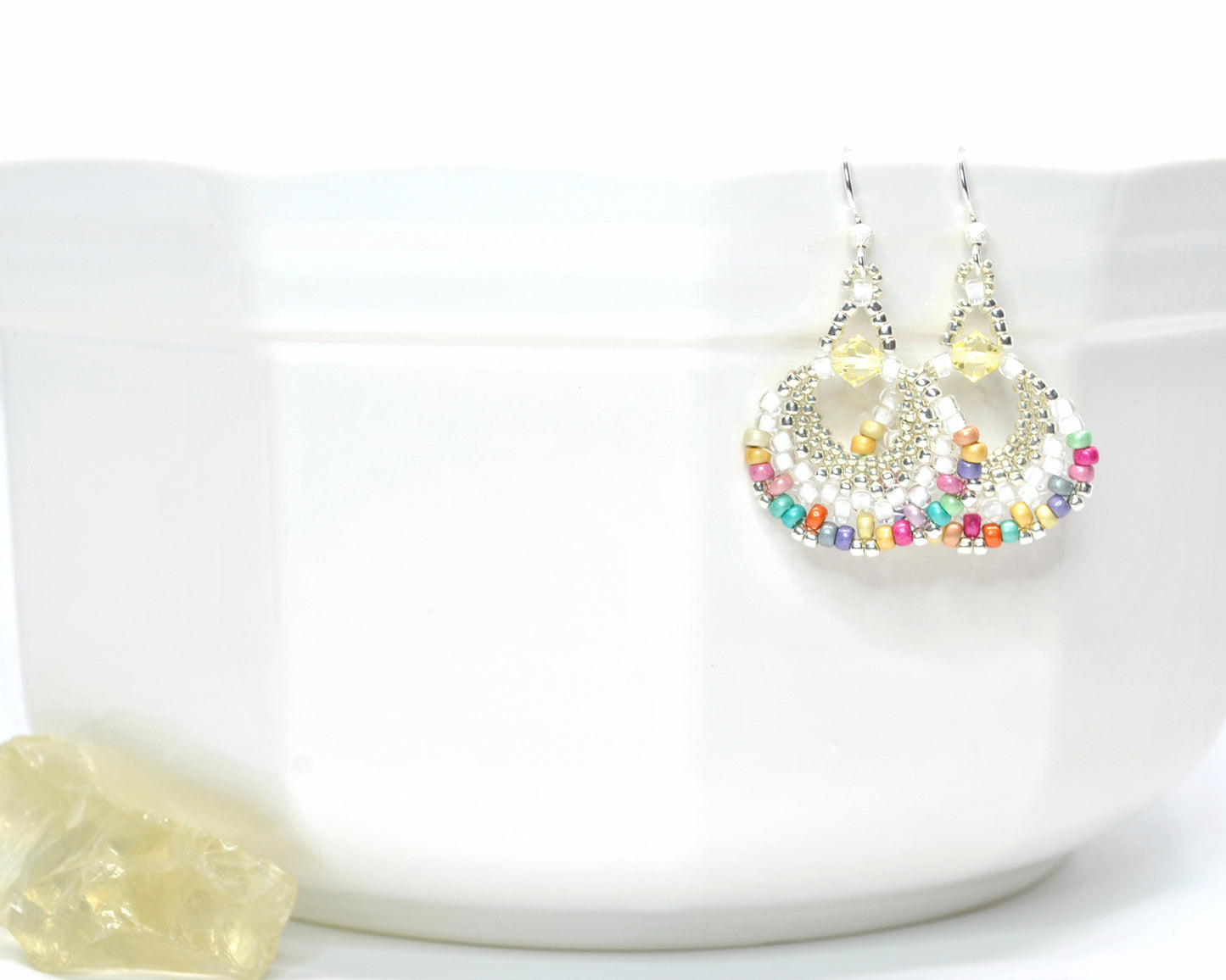 multi colored and white beaded fan earrings