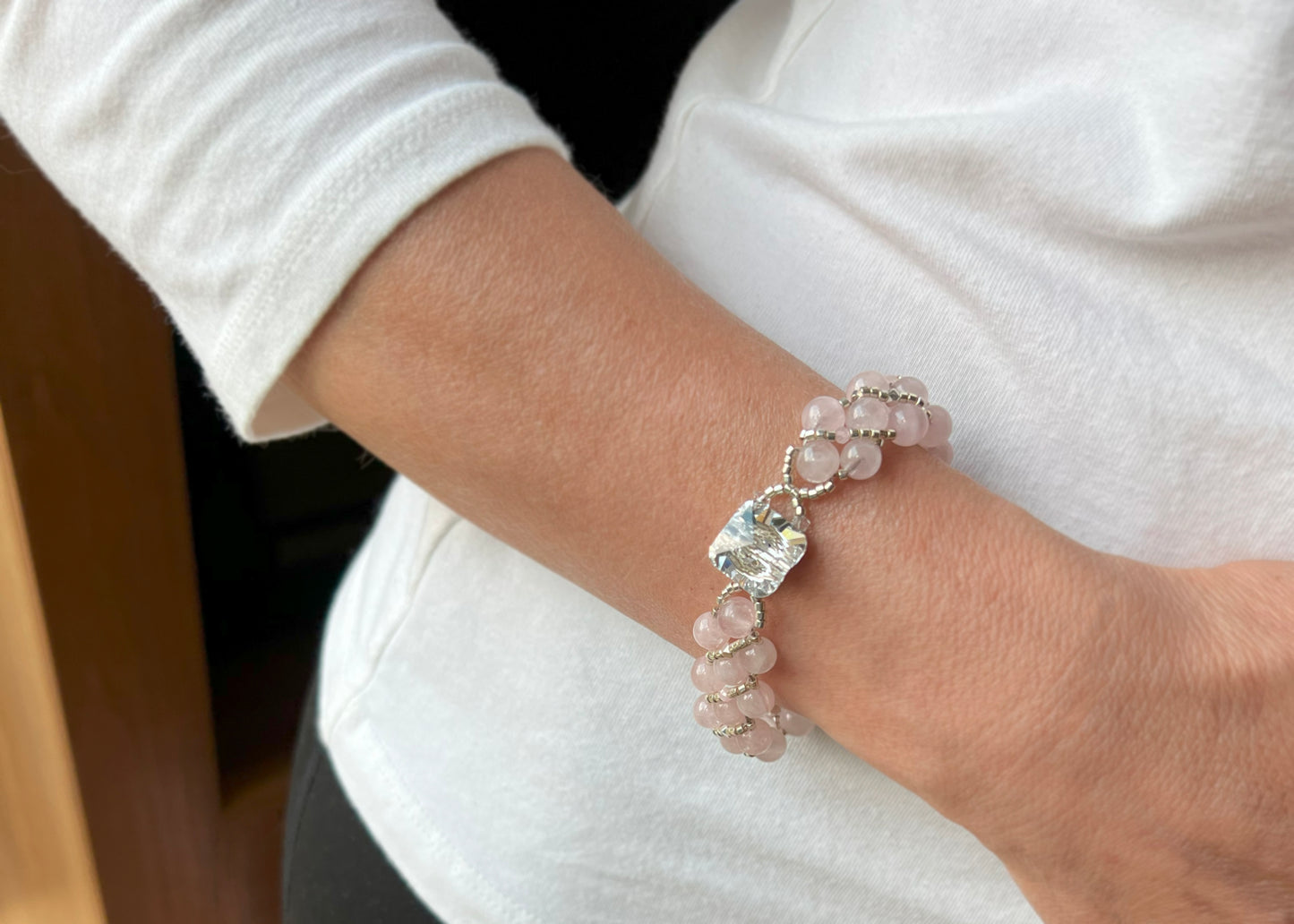 rose quartz & beryl with silver accent bracelet