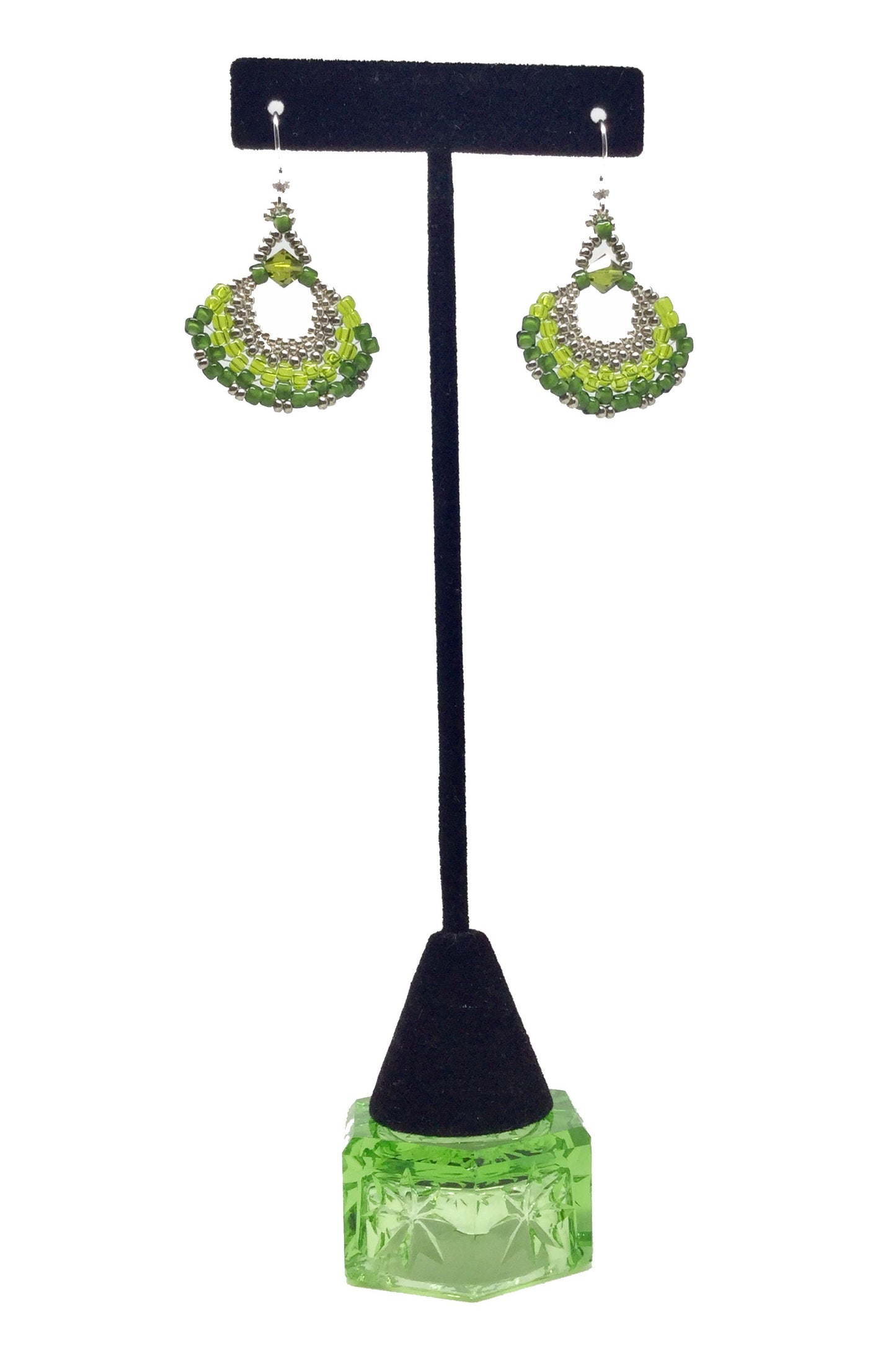chartreuse green beaded fan earrings