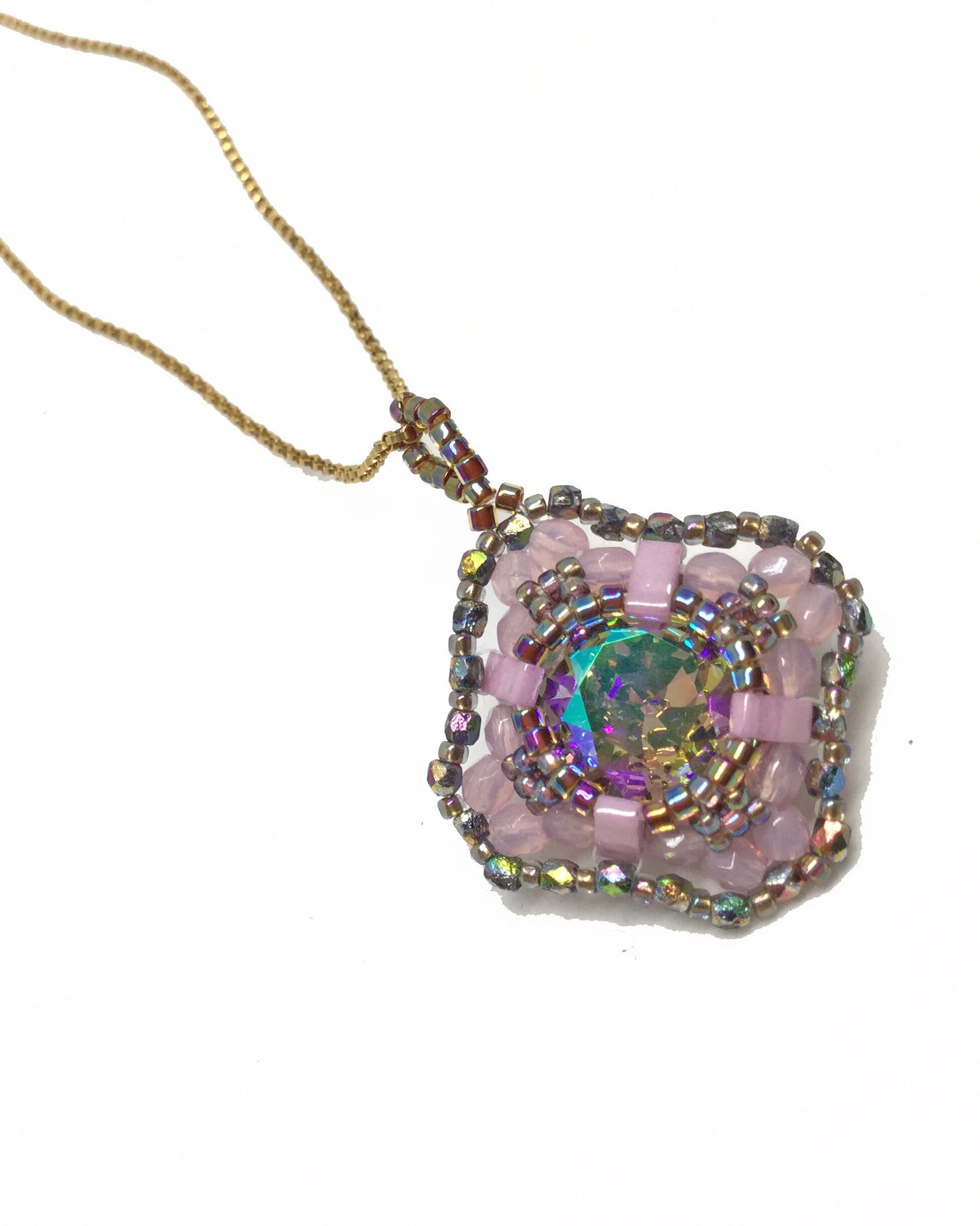 pink and iridescent green-gray swarovski crystal cushion cut pendant necklace . #013