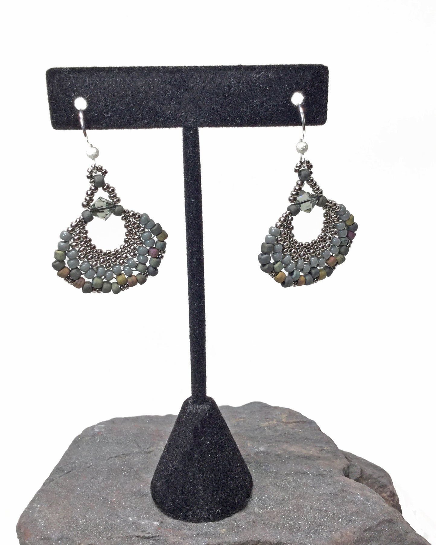 gray beaded fan earrings