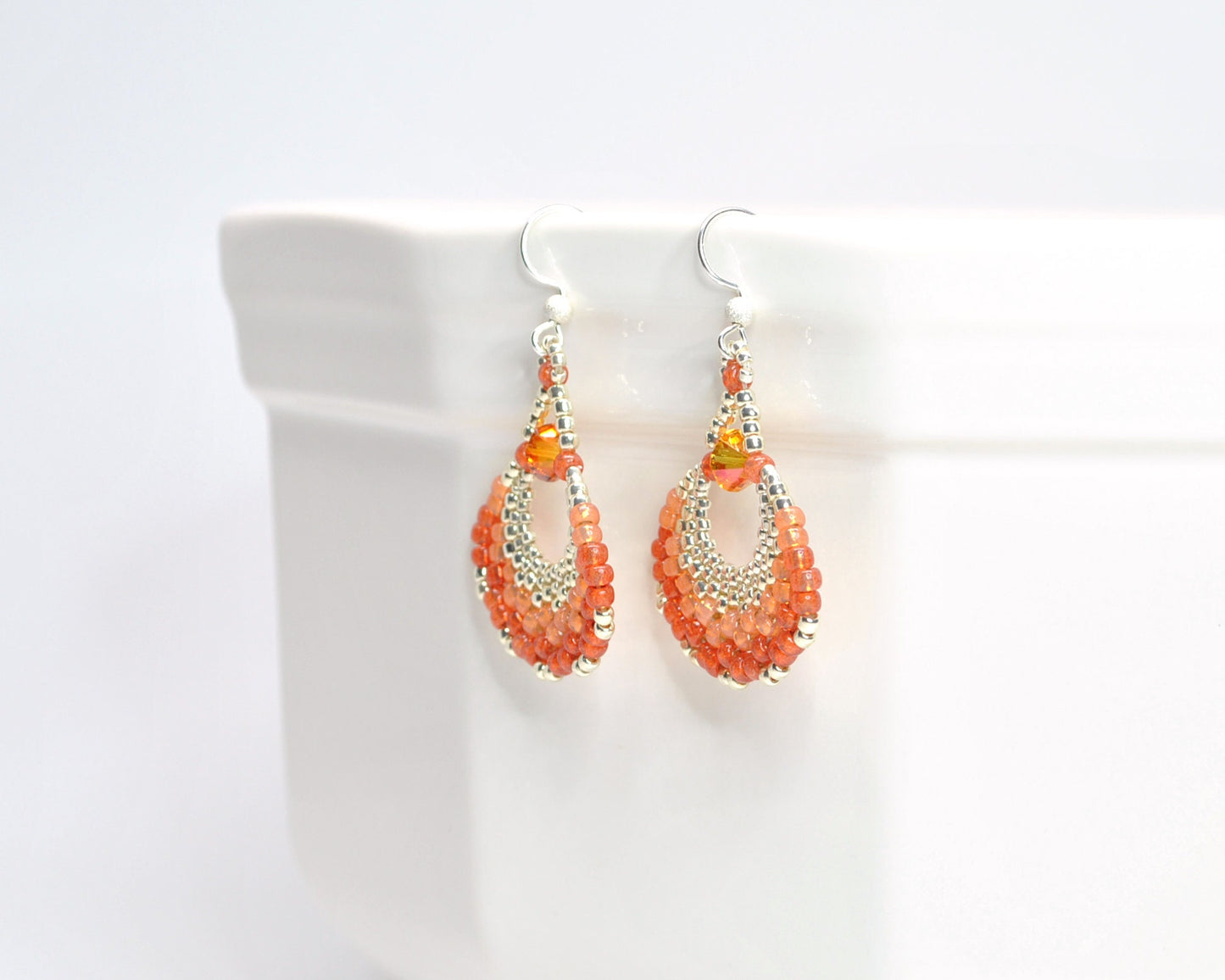 coral orange beaded fan earrings