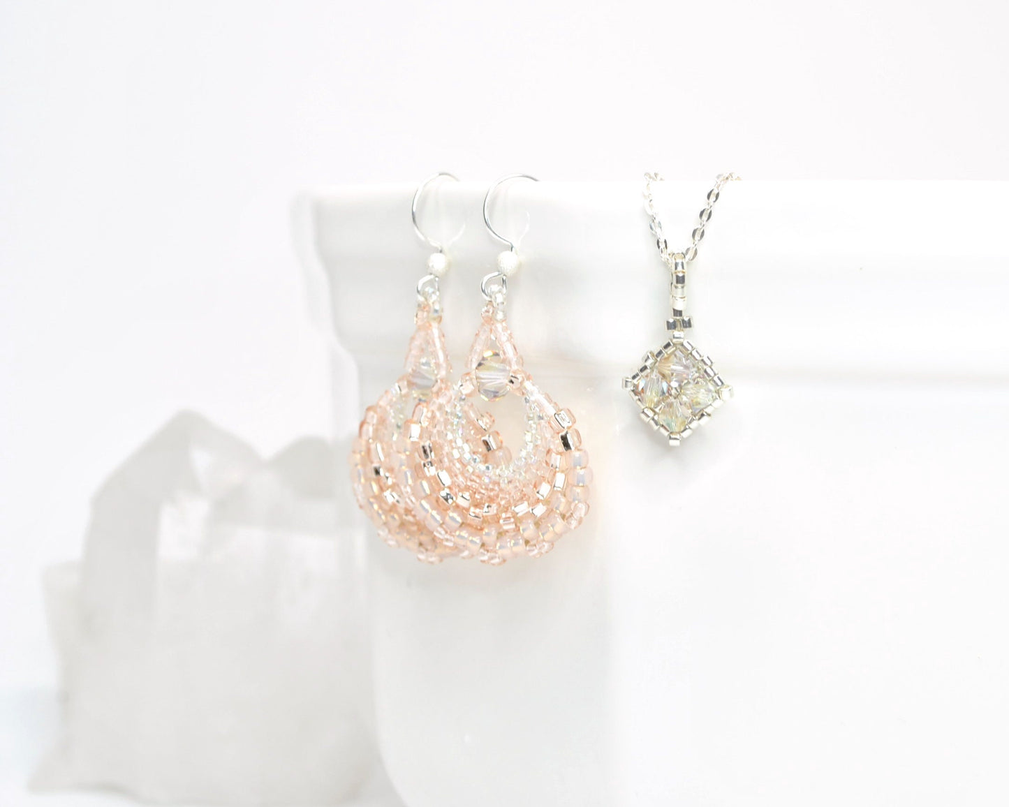 pastel pink delicate beaded fan earrings