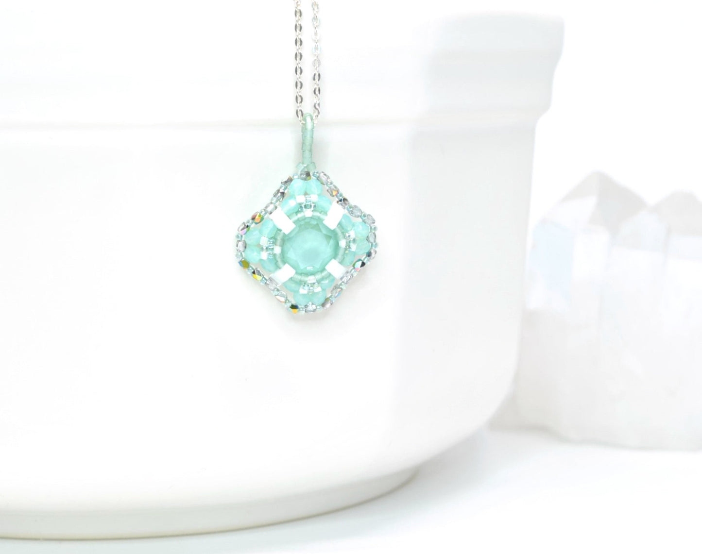 mint swarovski crystal cushion cut pendant . #019