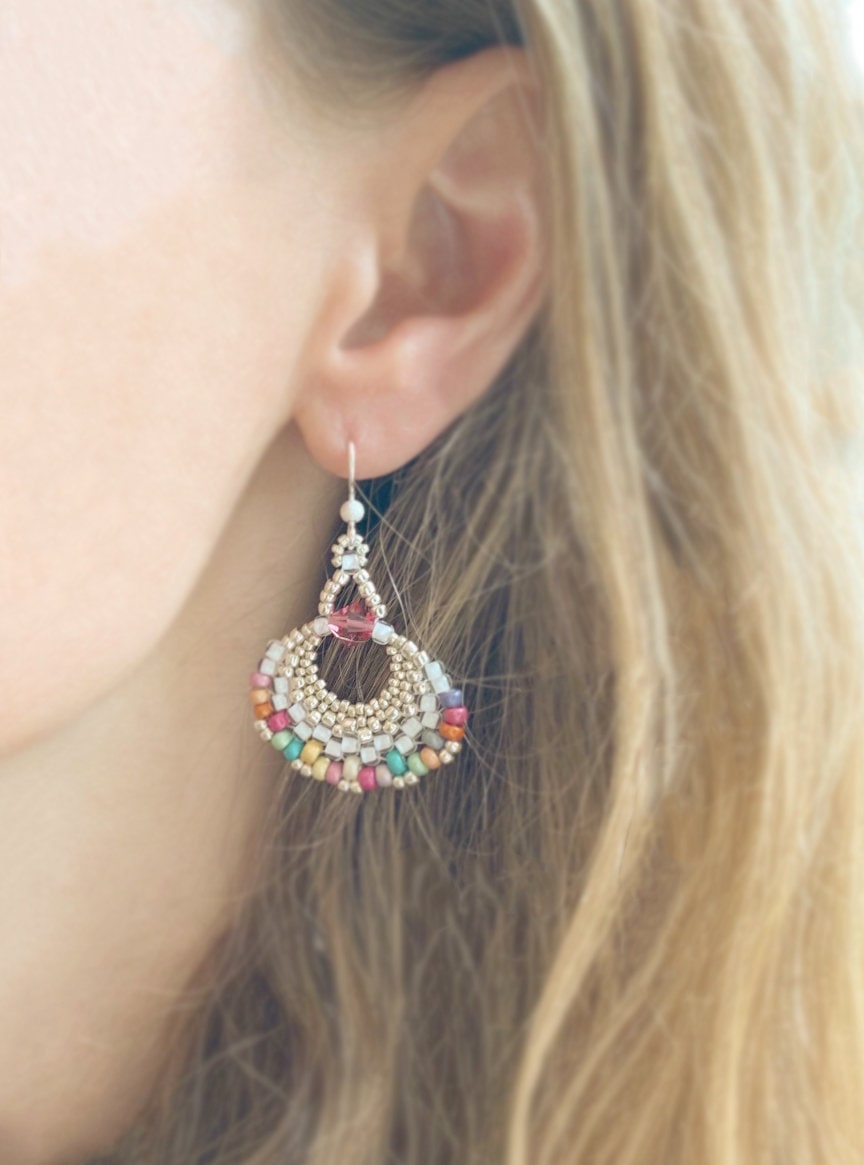 pastel yellow beaded fan earrings