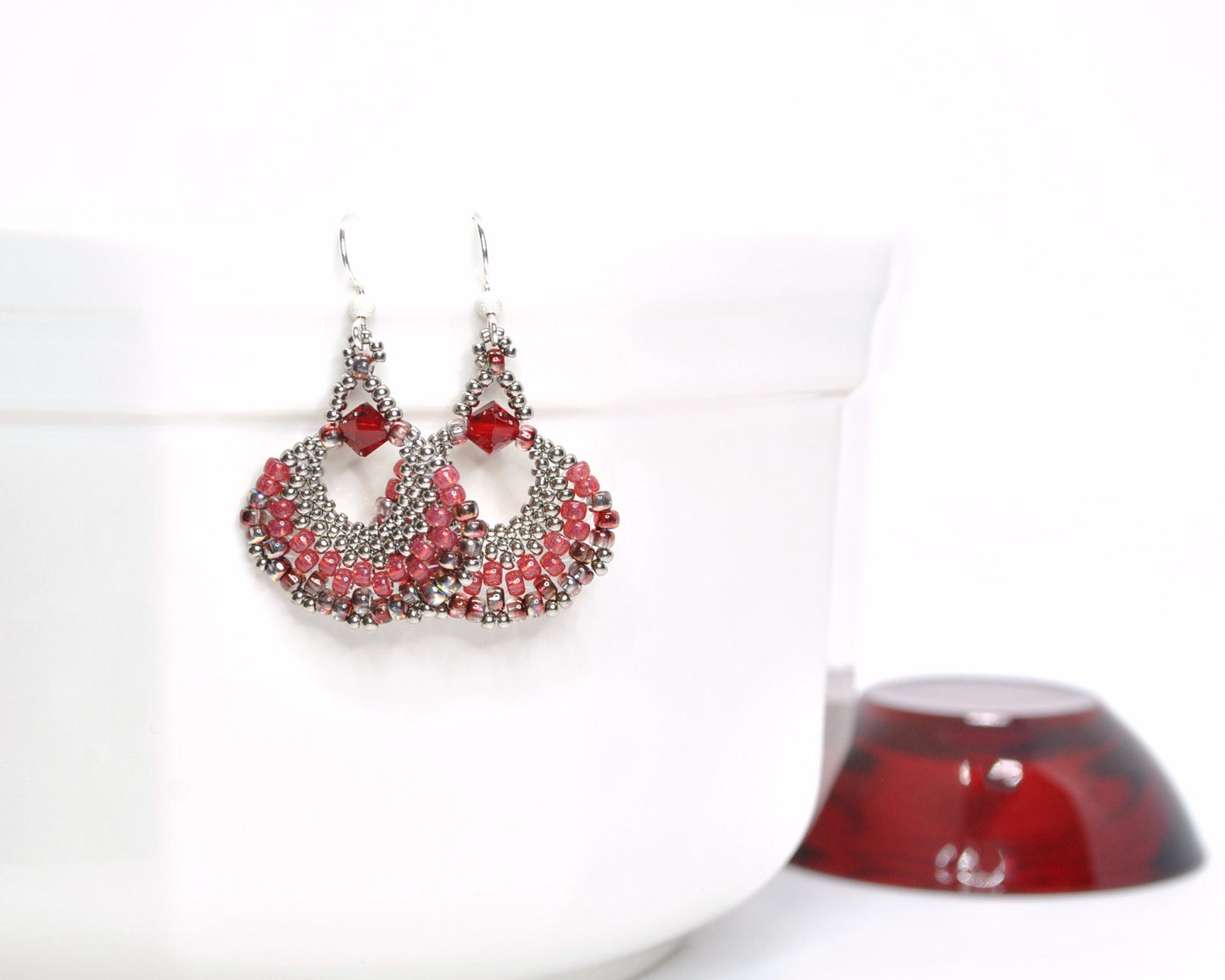 red beaded fan earrings