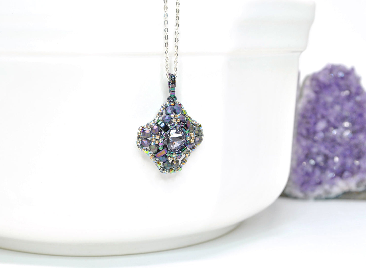 purple metallic swarovski cushion cut pendant . #021