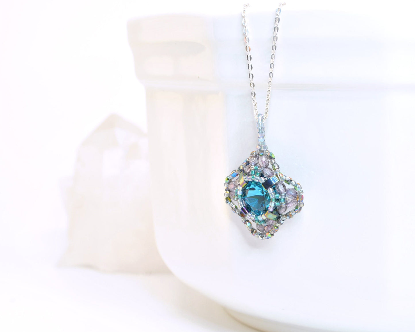 turquoise cushion cut swarovski crystal beaded pendant . #006