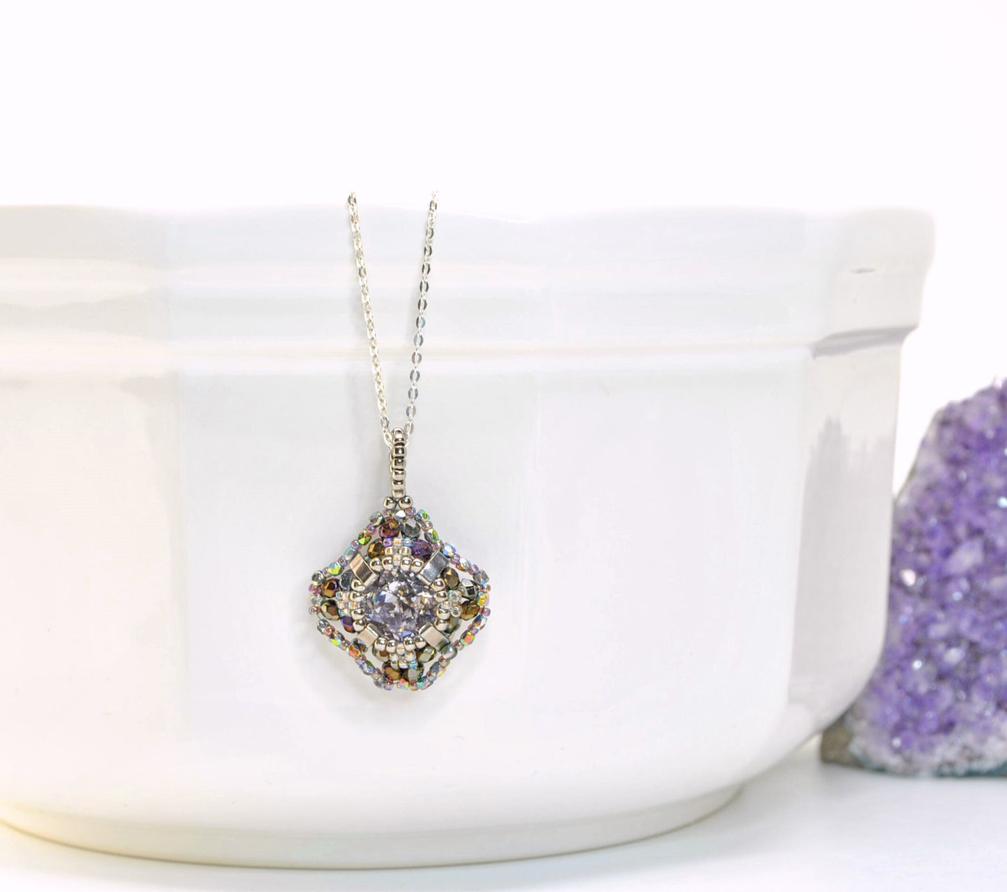 swarovski cushion cut crystal pendant necklace . sophisticated . crystal pendant . statement #003 . diamond shaped . antique gold, purple