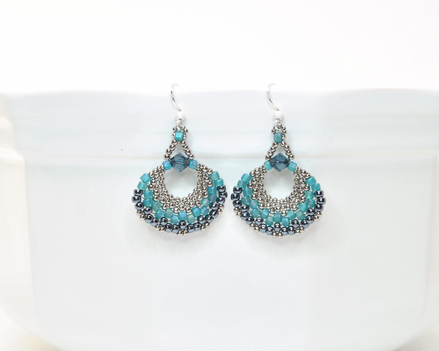 teal and gray lightweight glass beaded fan earrings
