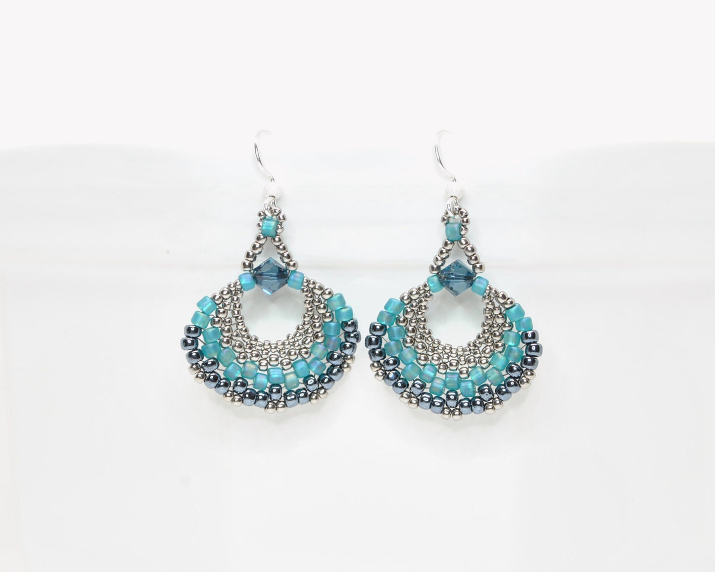 teal and gray lightweight glass beaded fan earrings