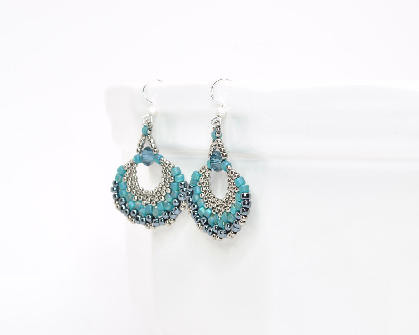 teal and gray lightweight glass beaded fan earrings
