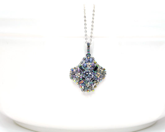 purple metallic swarovski cushion cut pendant .  #021