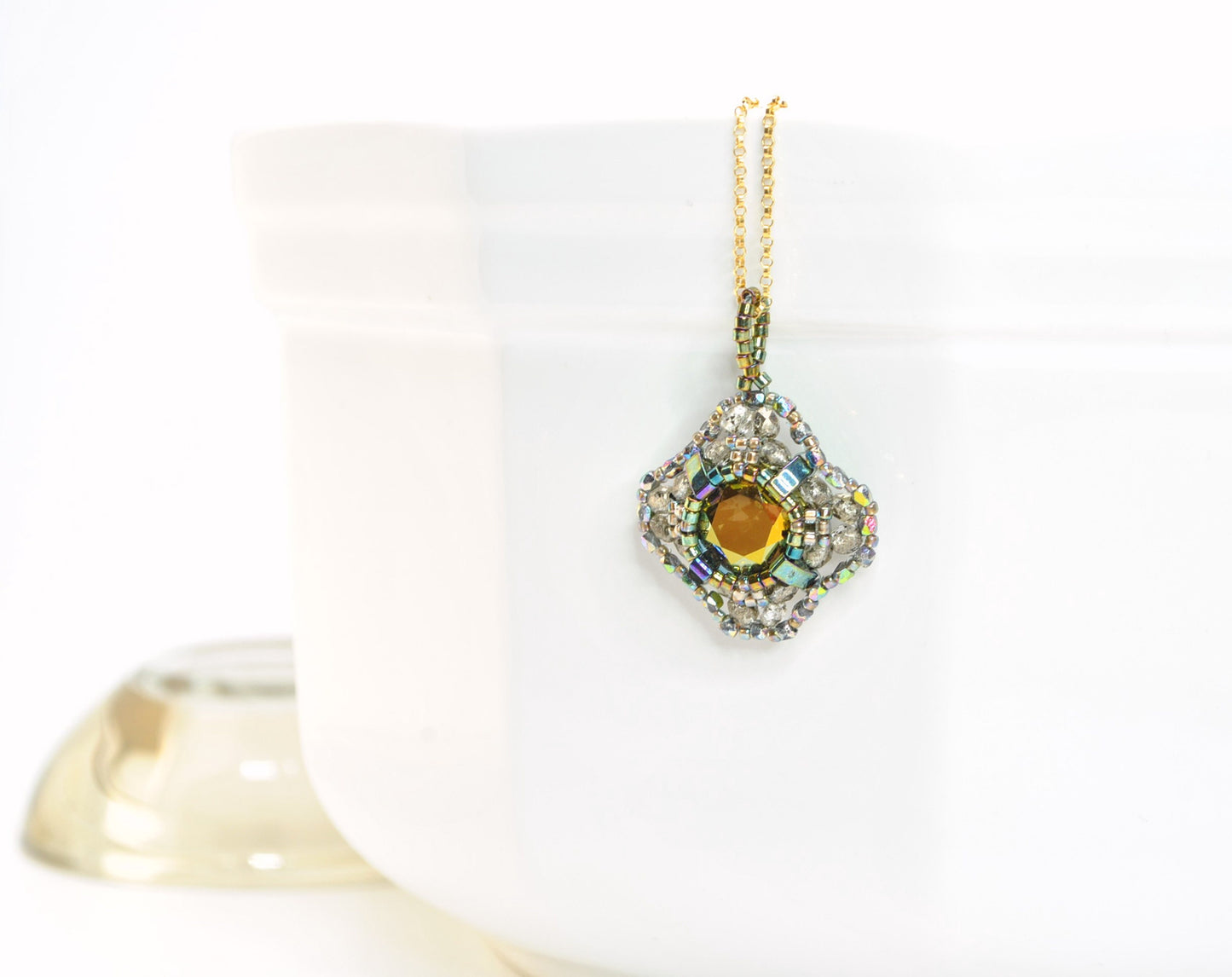 gray, green and gold statement pendant necklace . #008