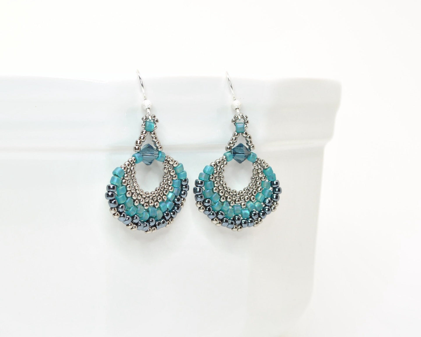 teal and gray lightweight glass beaded fan earrings
