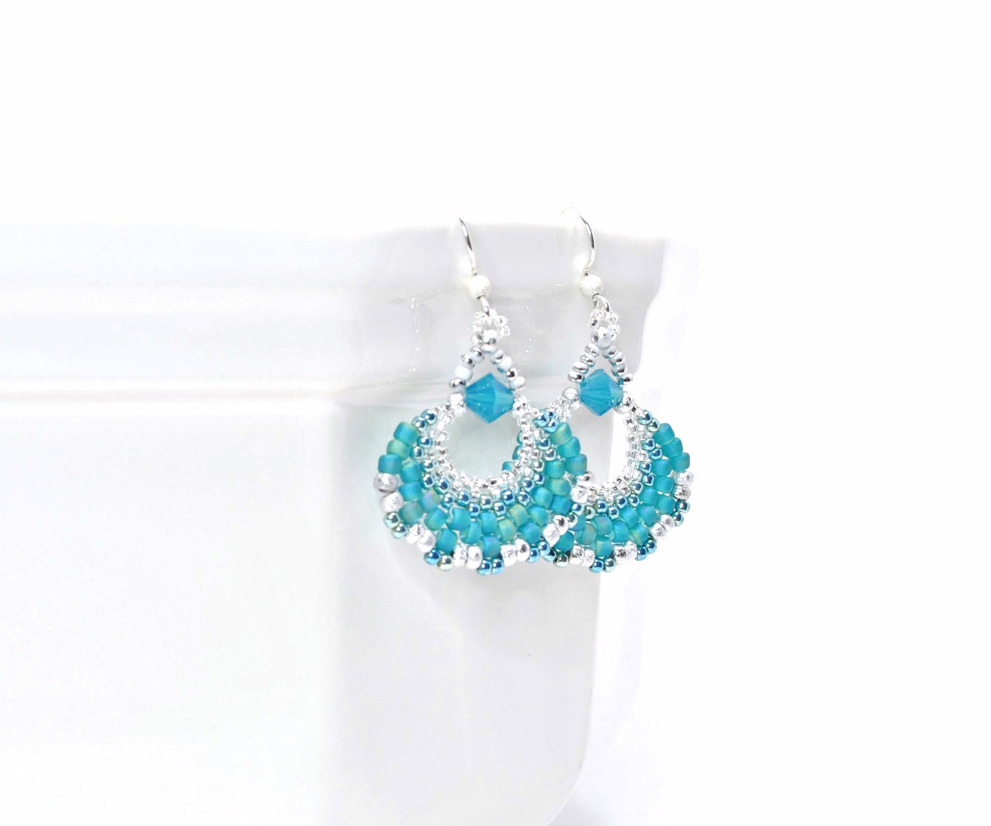 turquoise blue opal and silver beaded fan earrings