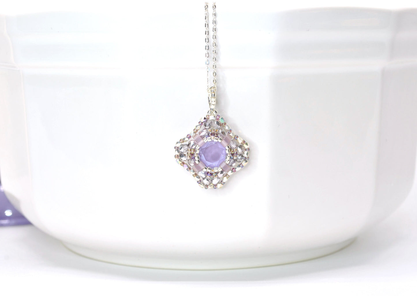 purple swarovski crystal cushion cut beaded pendant . #001