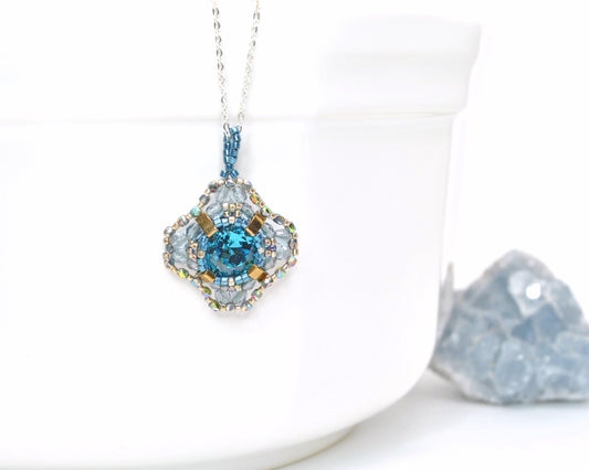 bronze and deep blue swarovski crystal cushion cut pendant necklace . #017