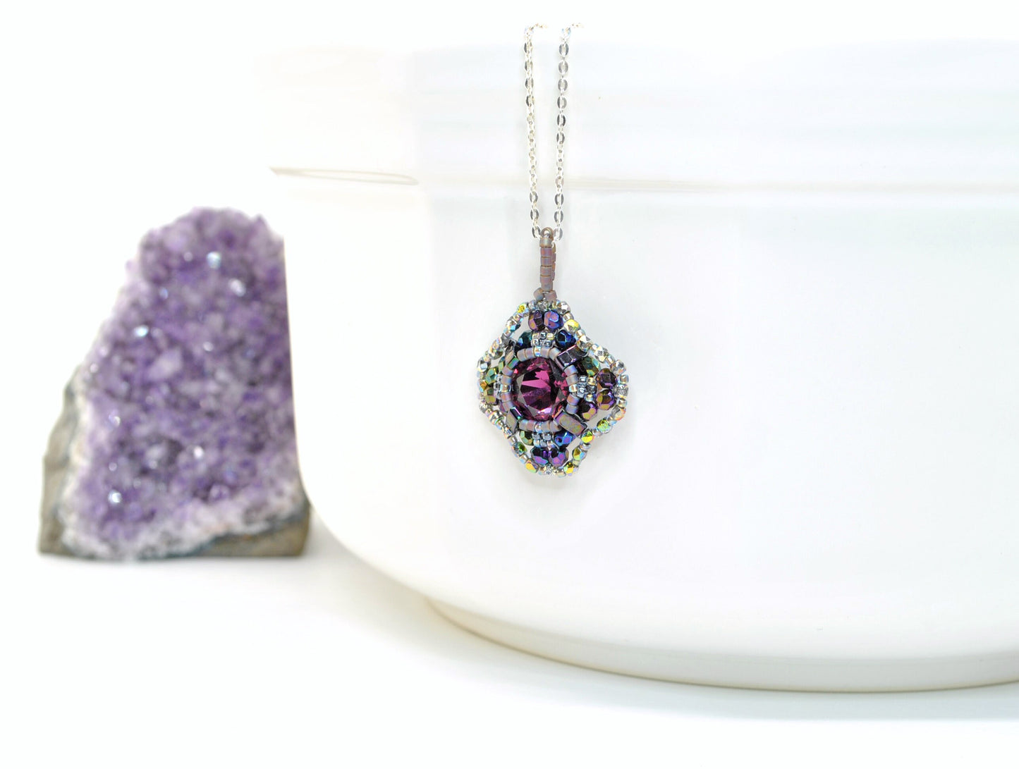 amethyst iridescent purple swarovski cushion cut pendant necklace . dark purple beaded pendant . handmade . mother of the bride 031 .