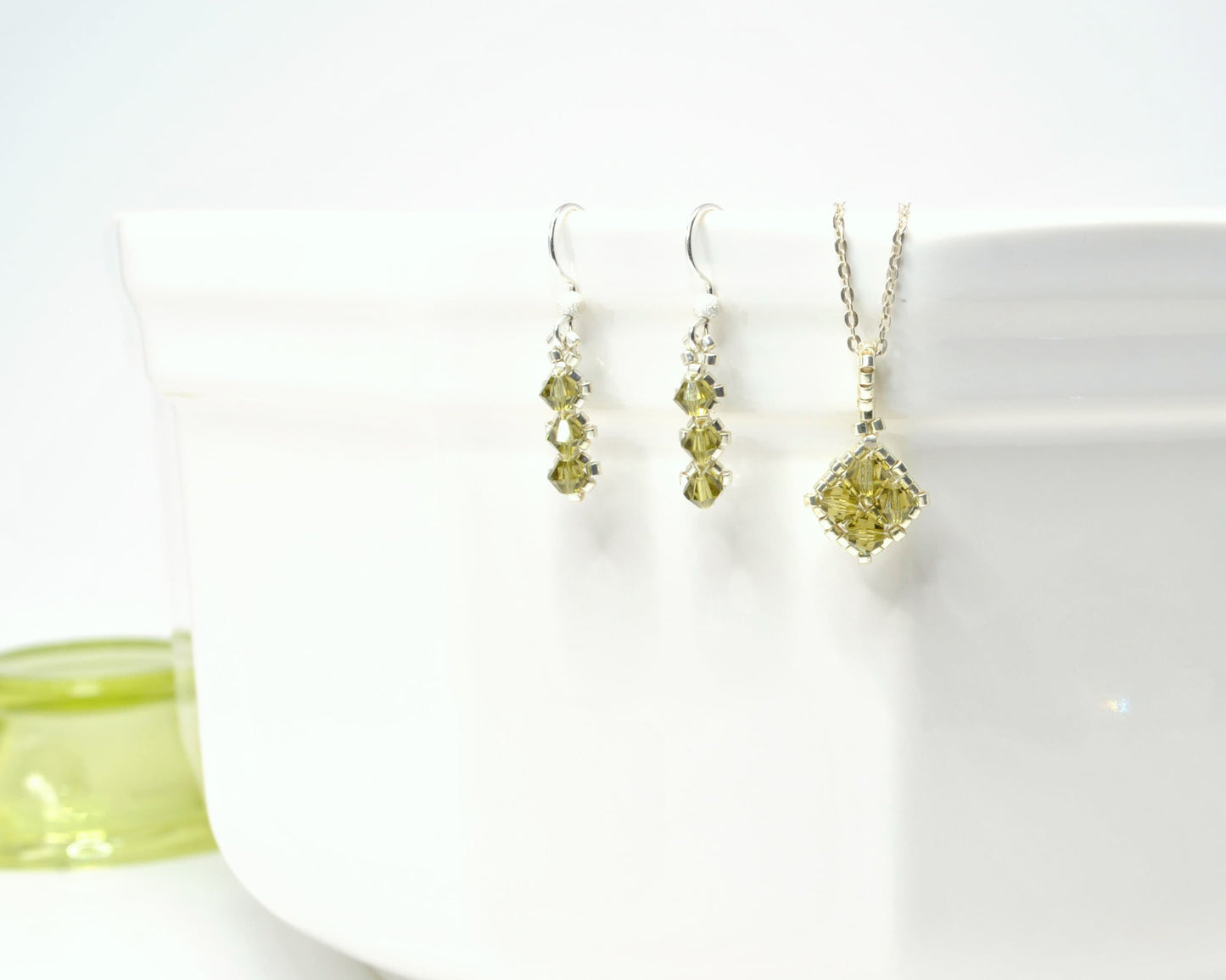 khaki green swarovski crystal earrings . diamond shape . delicate drop earrings . utilitarian style, nickel free jewelry, bridesmaid gifts