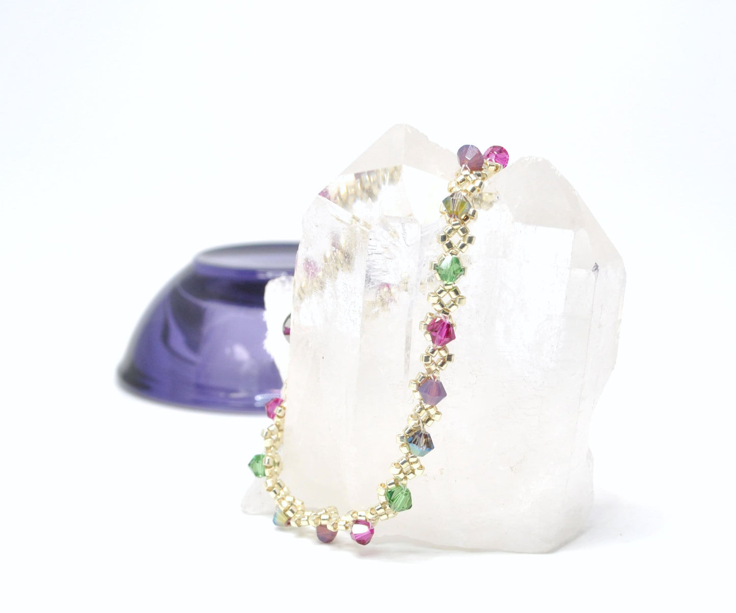 delicate swarovski crystal bracelet . southwest . unique gift . dainty . colorful, magenta pink mauve purple, teal, warm silver bracelet