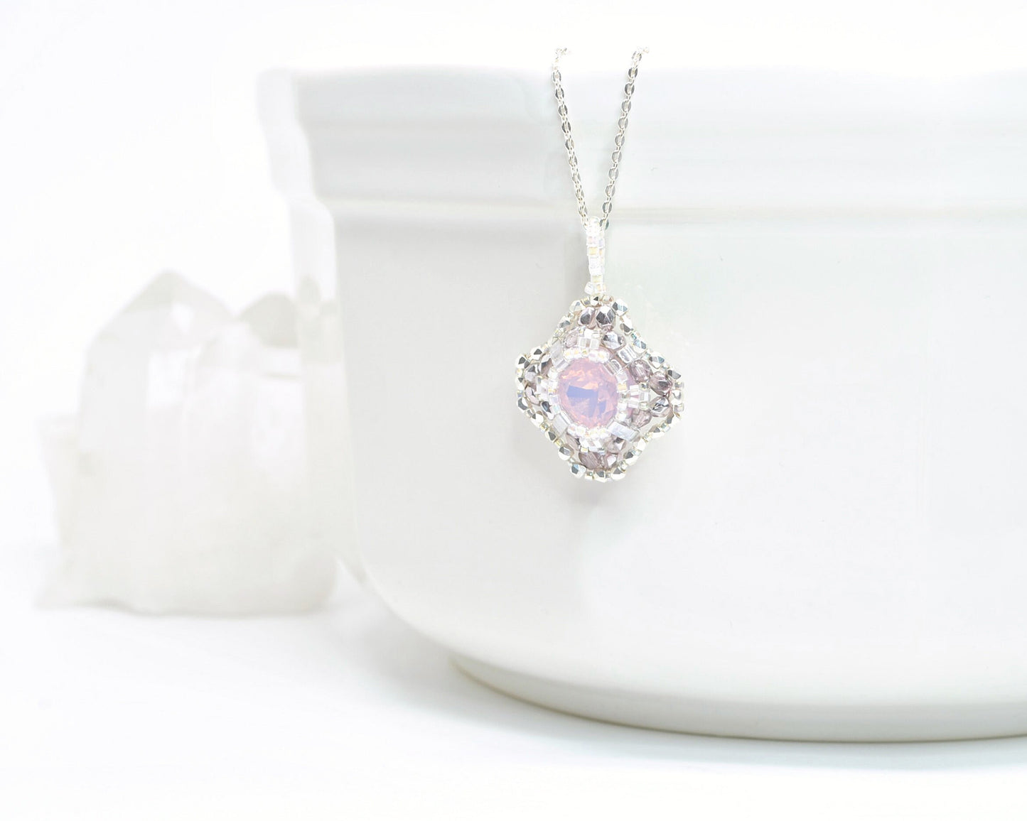 pastel pink opal swarovski crystal cushion cut pendant necklace . #025.