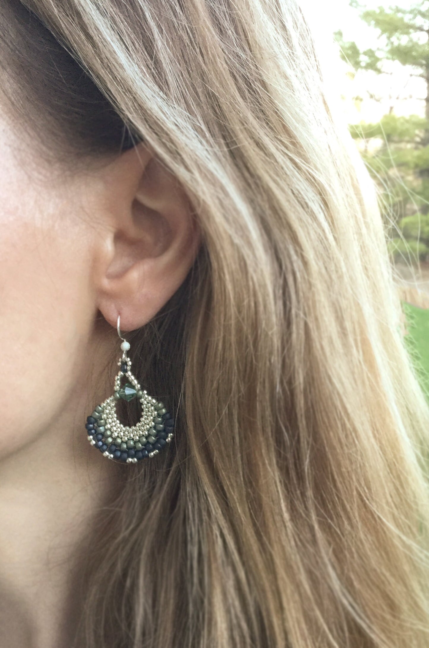 gold and teal beaded fan earrings . statement earrings. lightweight earrings . teal fan earrings . gold fan earrings . nickel free jewelry