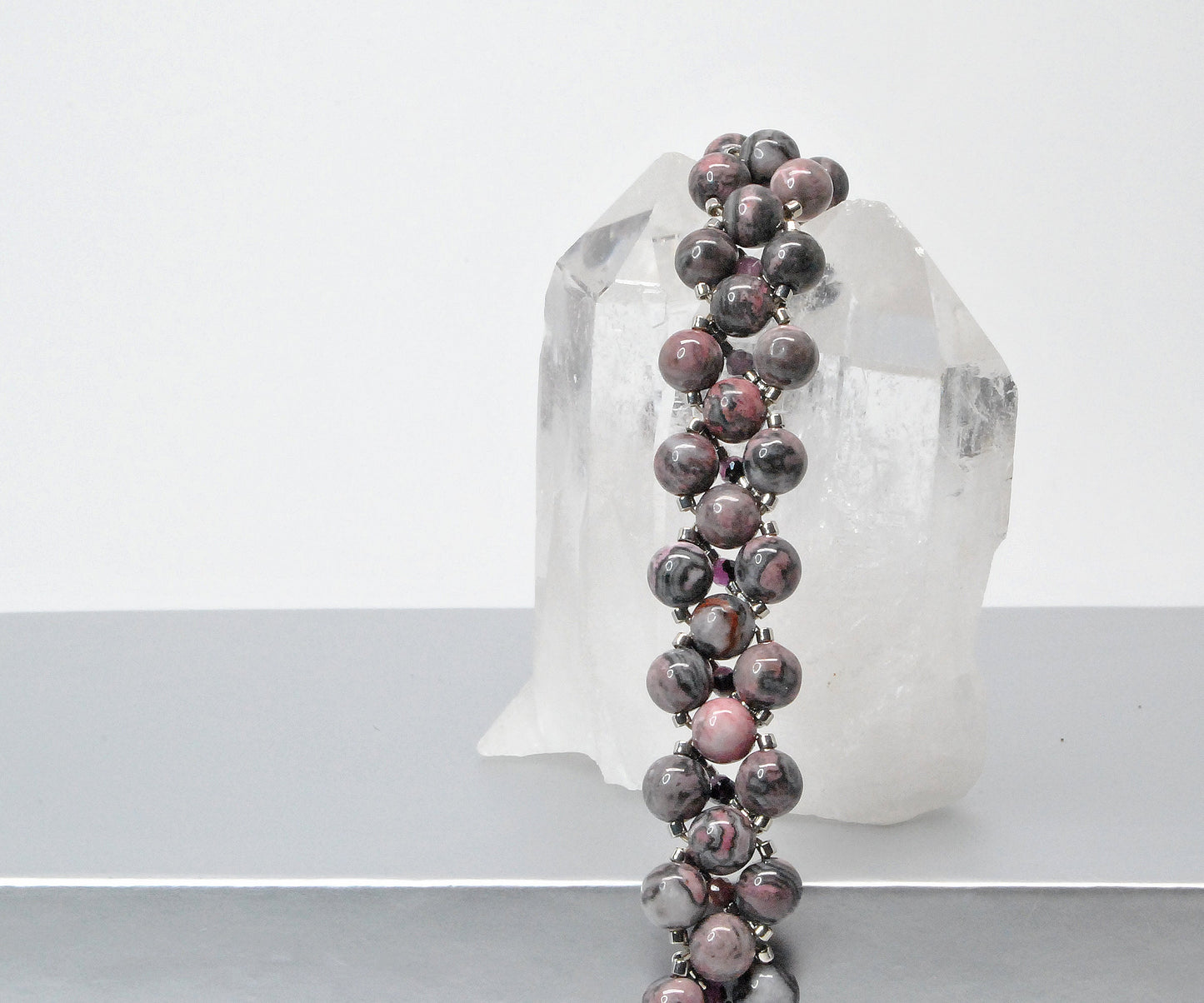 rhodonite and black lace ruby beaded bracelet . pink and black bracelet .