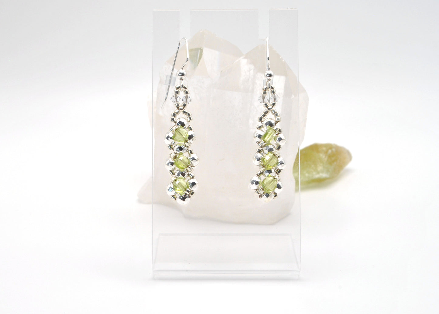 Handcrafted Peridot Coin and White Silver Plated Hematite Earrings