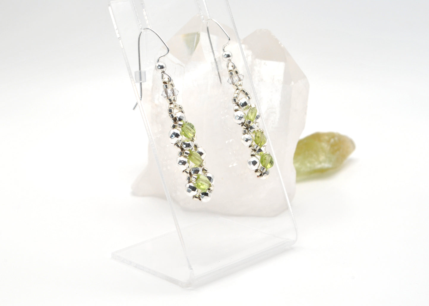 Handcrafted Peridot Coin and White Silver Plated Hematite Earrings