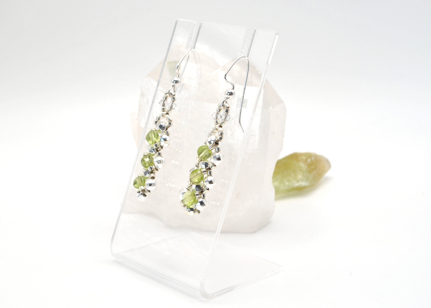 Handcrafted Peridot Coin and White Silver Plated Hematite Earrings