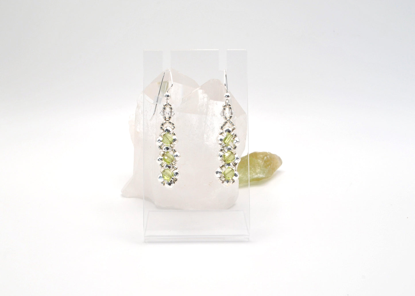 Handcrafted Peridot Coin and White Silver Plated Hematite Earrings