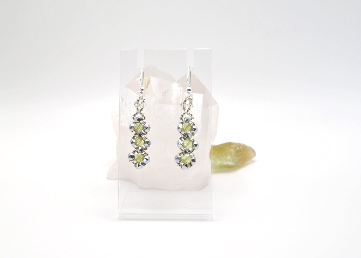 Peridot Coin and Silver Plated Star-Cut Hematite Earrings
