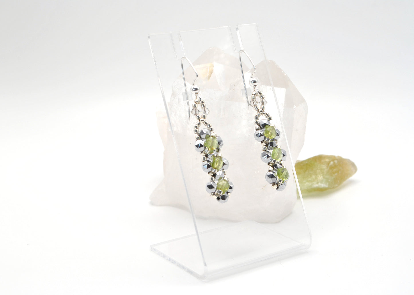 Peridot Coin and Silver Plated Star-Cut Hematite Earrings