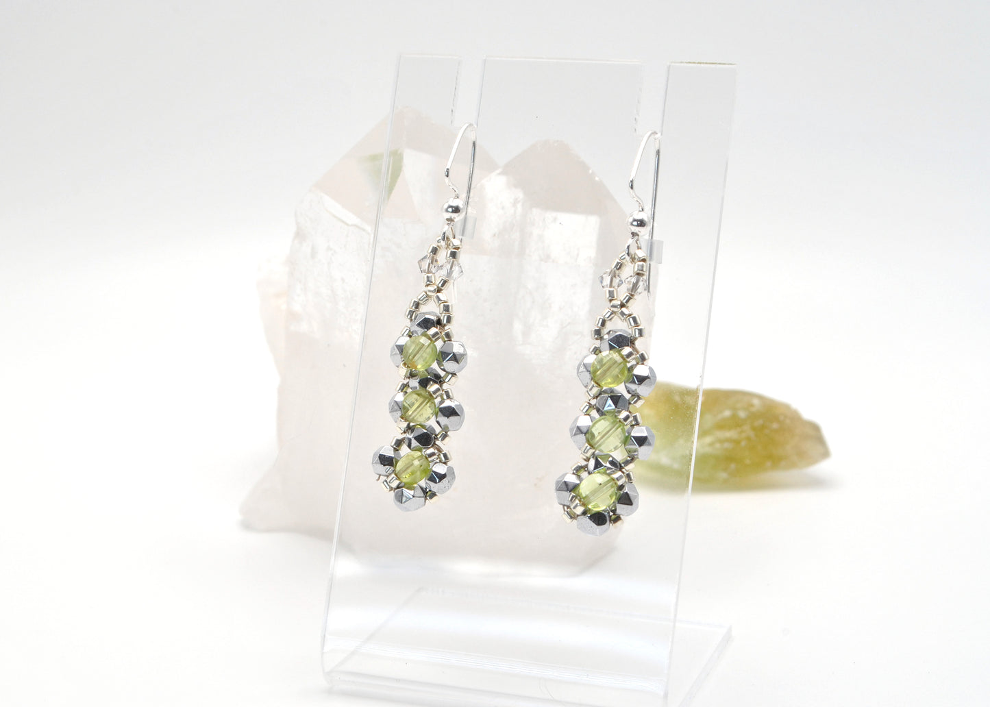 Peridot Coin and Silver Plated Star-Cut Hematite Earrings
