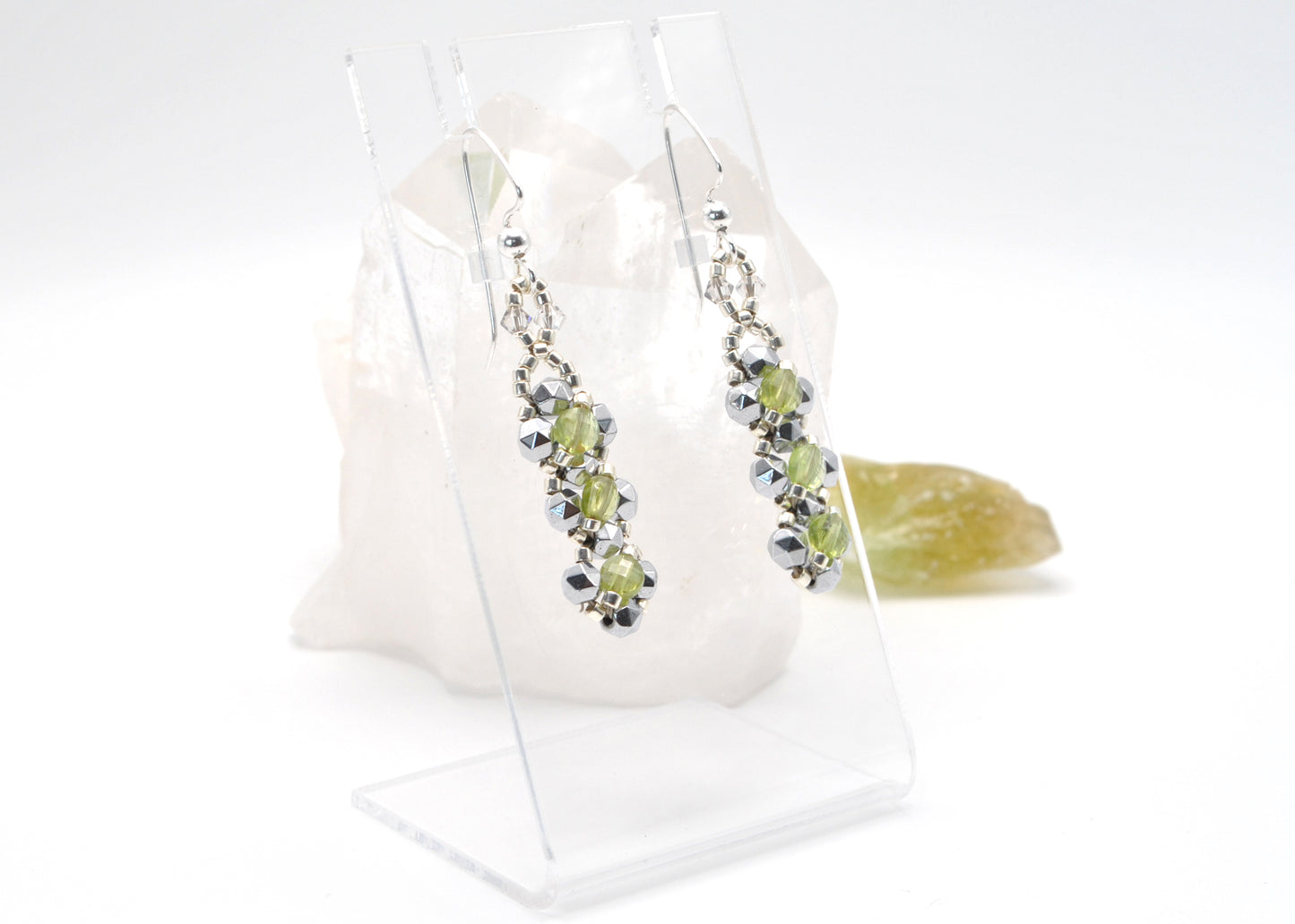 Peridot Coin and Silver Plated Star-Cut Hematite Earrings