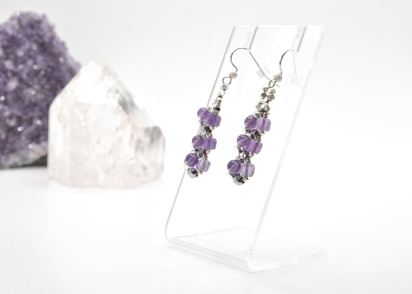 Handcrafted Amethyst and Star-Cut Hematite Dangle Earrings