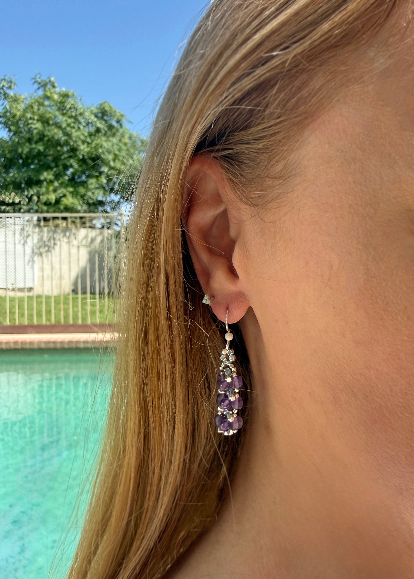 Handcrafted Amethyst and Star-Cut Hematite Dangle Earrings