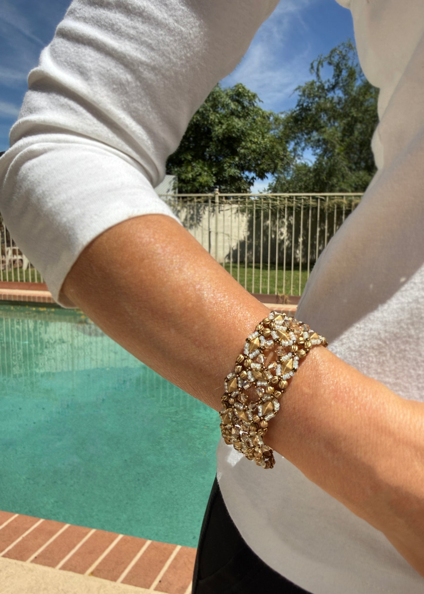 Antique Gold Swarovski Crystal and Gold Glass Beaded Cuff Bracelet
