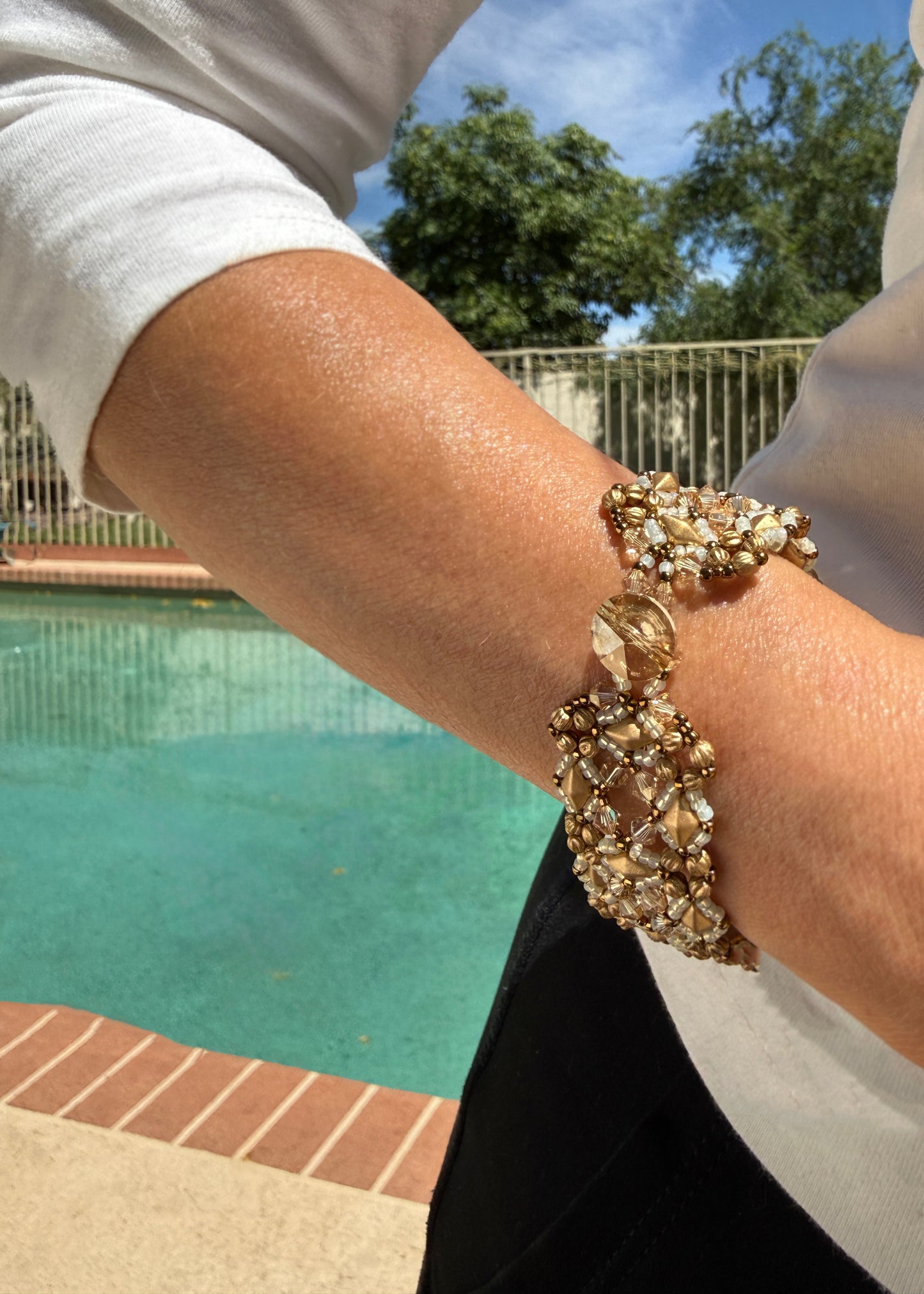 Antique Gold Swarovski Crystal and Gold Glass Beaded Cuff Bracelet