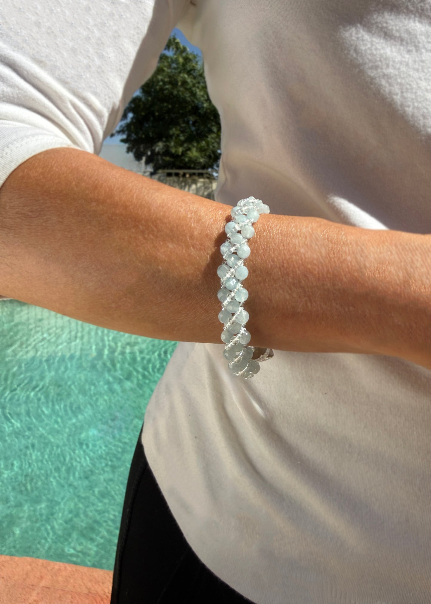 Woven Aquamarine and Clear Quartz Serenity Bracelet