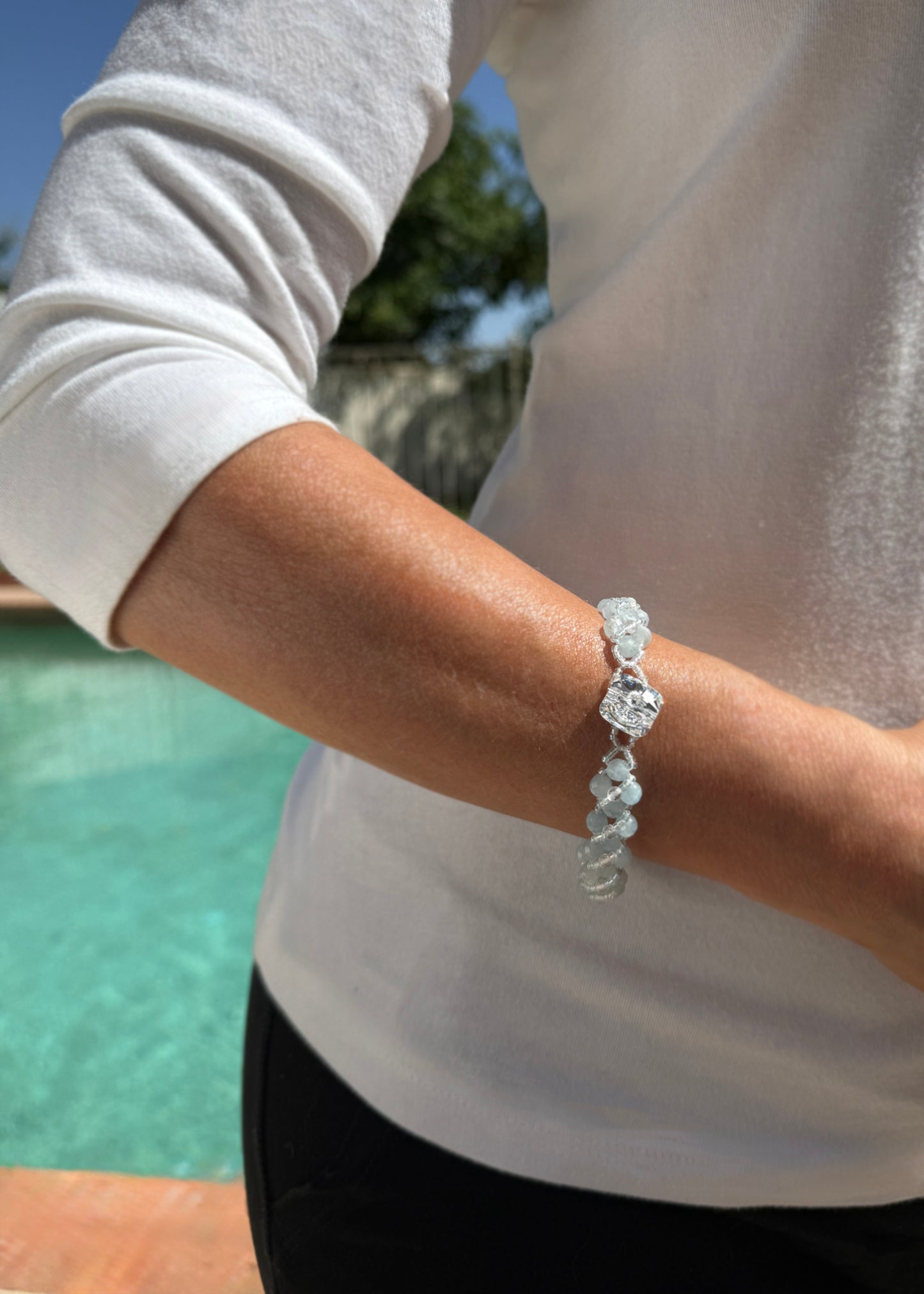Woven Aquamarine and Clear Quartz Serenity Bracelet