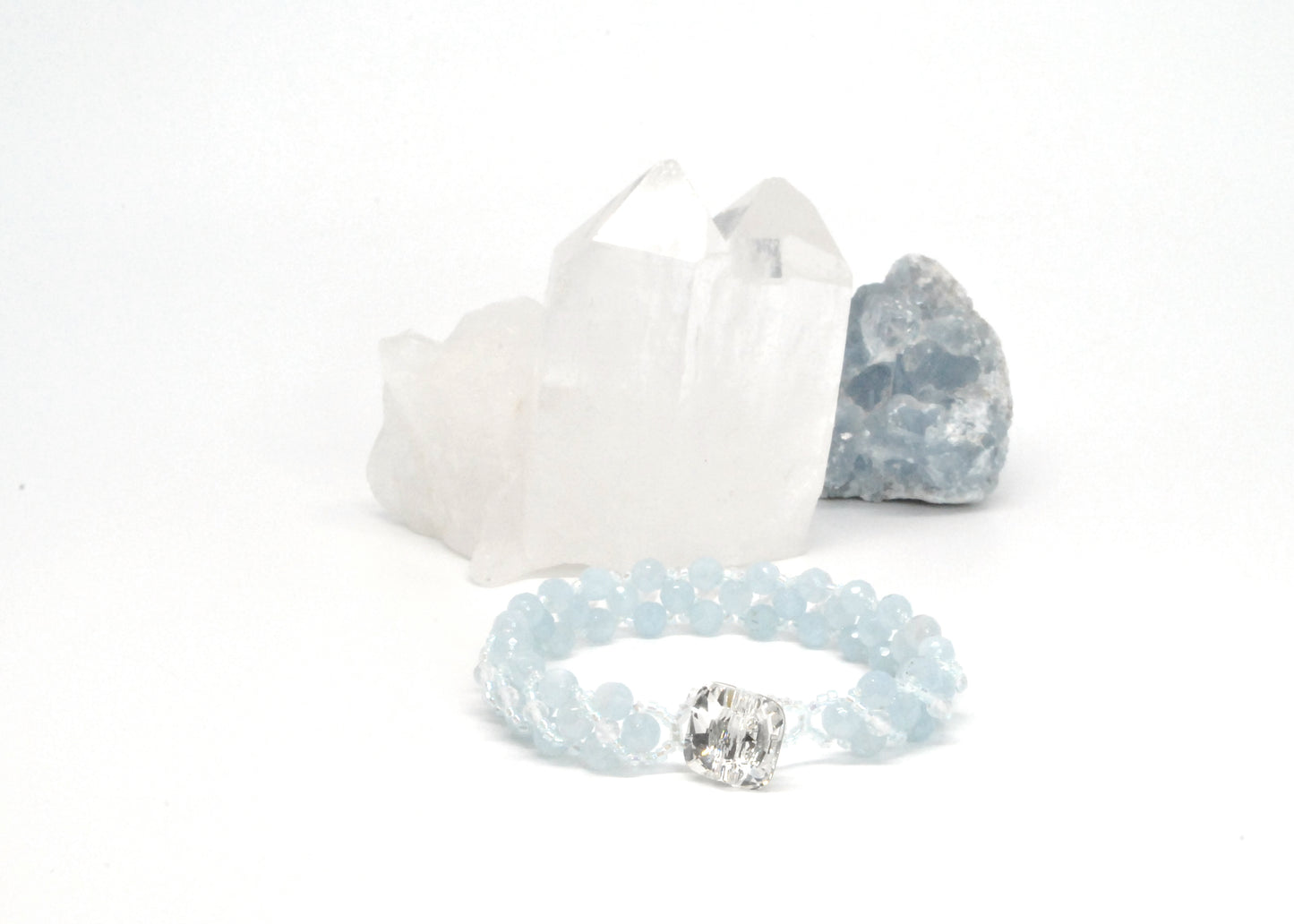 Woven Aquamarine and Clear Quartz Serenity Bracelet