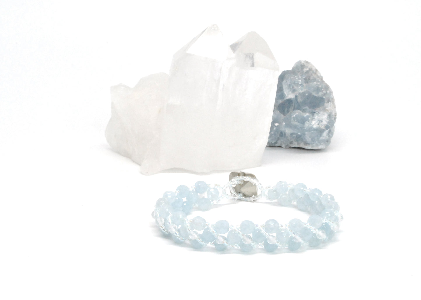 Woven Aquamarine and Clear Quartz Serenity Bracelet