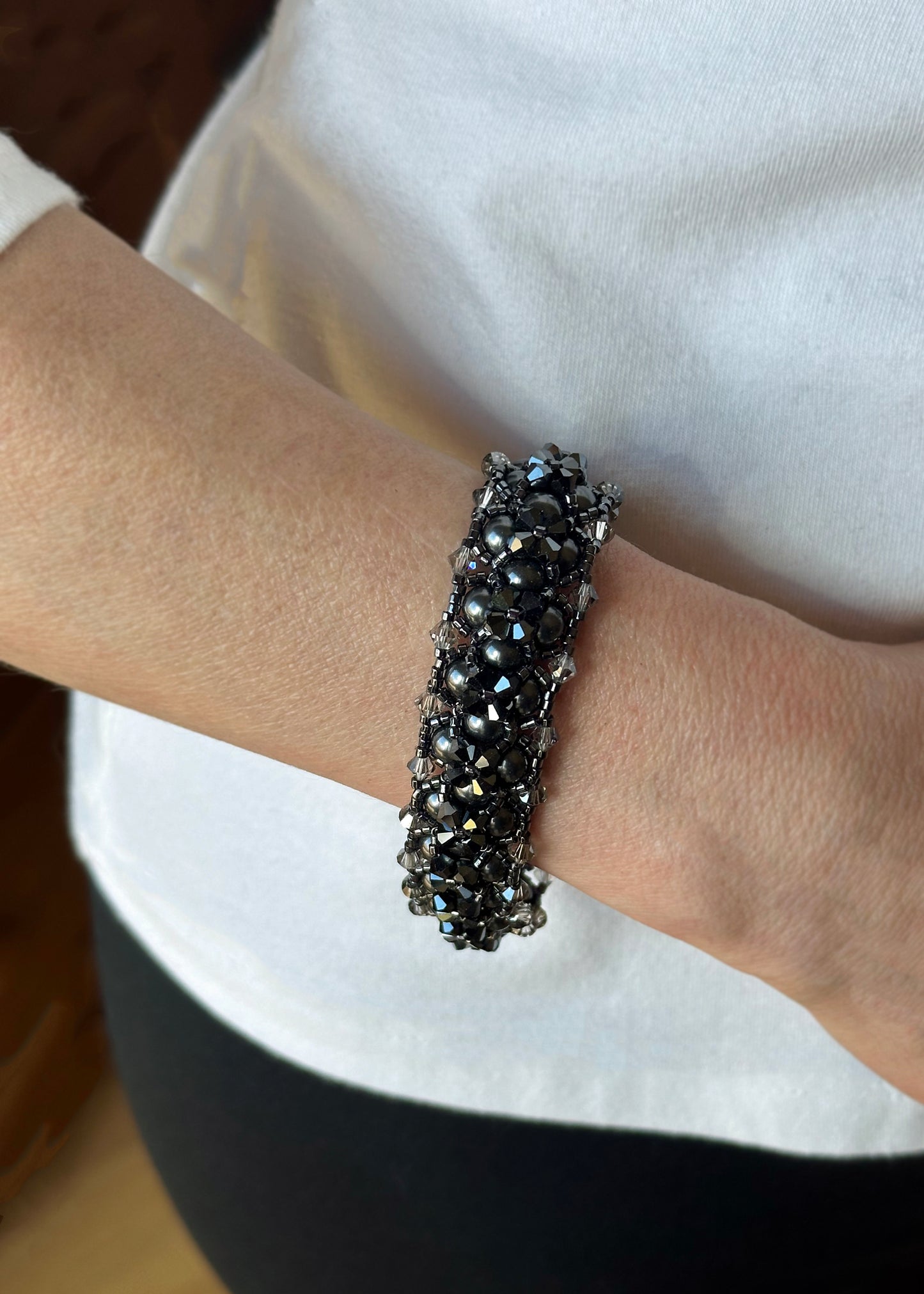 black swarovski pearl and crystal statement bracelet